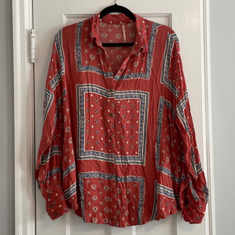 Free People Red Button Down Shirt with Blue and White Patterns